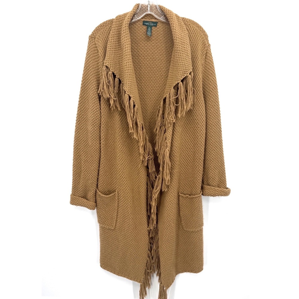 Lauren Ralph Lauren Long Open Cardigan Medium Camel Fringe Ango Western Boho